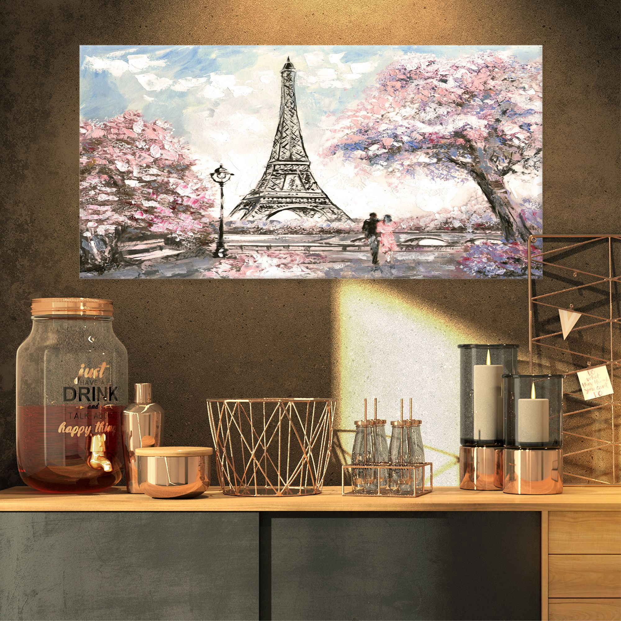 Designart 'Eiffel with Pink Flowers ' Landscape Canvas Art Print