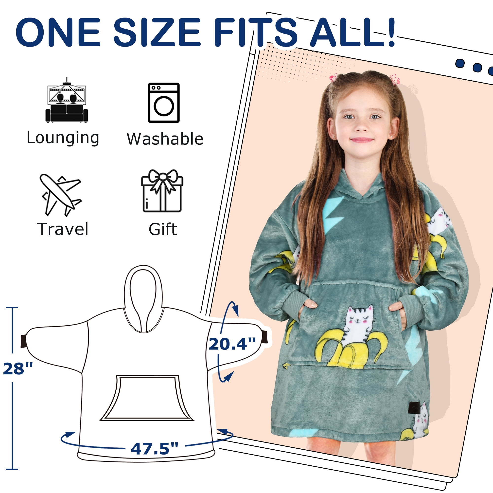 Catalonia Banana Cat Print Blanket Hoodie Sweatshirt for Kids, Oversized Wearable Fleece Snuggy Pullover , 4-12 Years Boy Girl Gift, 28 × 24 inches