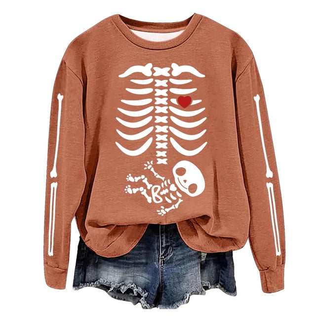 Chandail de Mode Automne Hiver pour Femmes, Manches Longues Fines, Col Rond, Imprimé Halloween, Sans Capuche, Décontracté