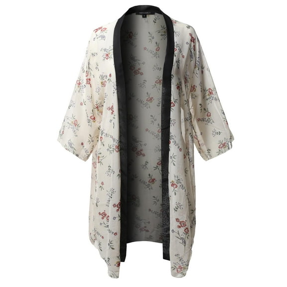 FashionOutfit Women's Floral Print 3/4 Sleeve Kimono Style Chiffon Cardigan