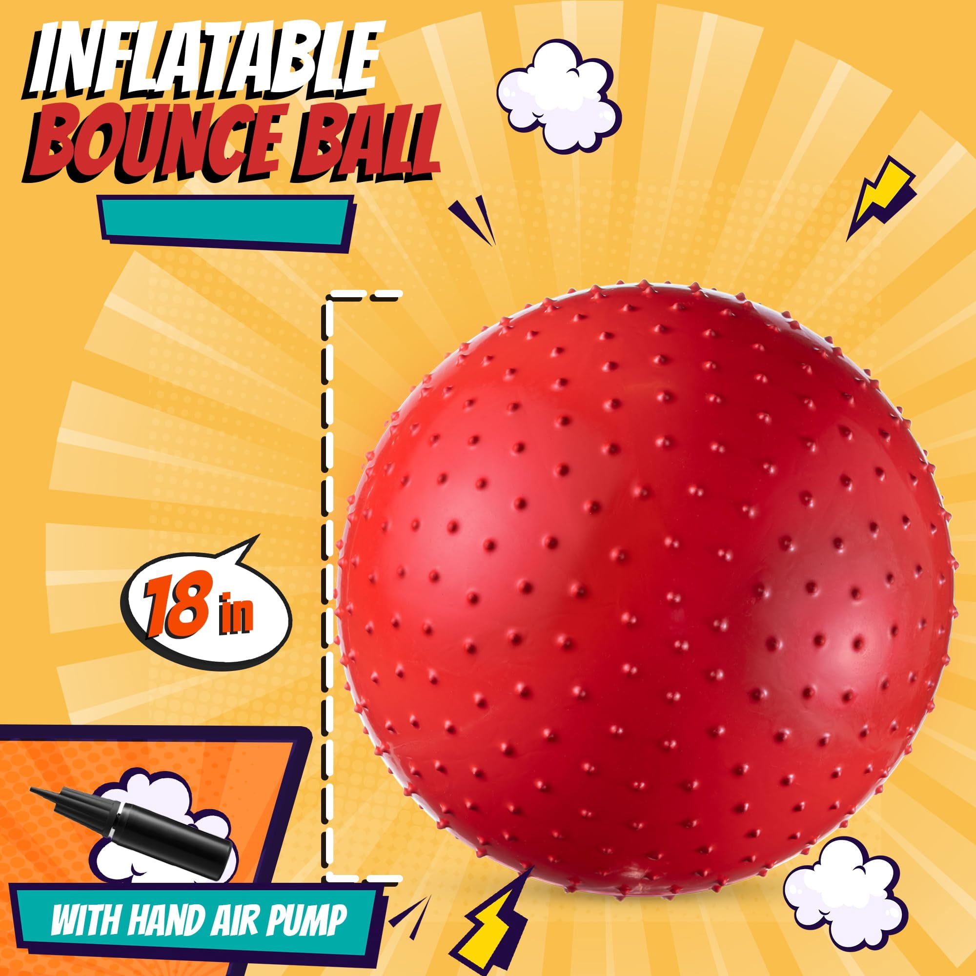 18-Inch Big Balls for Toddlers and Kids - Pack of 5 Inflatable Giant Balls for Kids with Hand Air Pump, Big Bouncy, Sensory Play, Stress Toy, Knobby, Large Playground, Recess, Games for Children