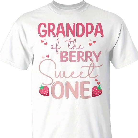 Grandpa of the Berry Sweet One Men's T-Shirt Retro Strawberry Fruit Theme Birthday Matching Family Cotton Short Sleeve Tee Top Funny Cute Gift for Grandfather Pink Graphic Shirt