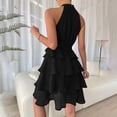 thumbnail image 4 of Women's Casual Halter Zipped Sleeveless Solid Color Dress Layered Ruffle A Line Mini Dress with Drawstring Black, 4 of 8