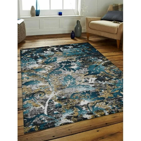 Floral Carpet Runner Rugsotic Carpets Machine Woven Heatset Polypropylene 4'x6' Area Rug Floral Silver Blue MX0014 ()