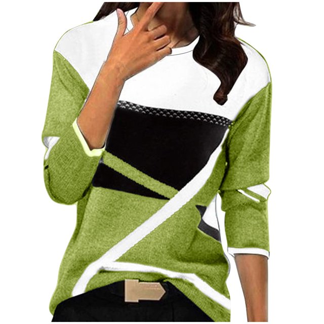 FAIWAD Hauts à Manches Longues pour Femmes à Imprimé Patchwork Géométrique à Blocs de Couleur Col Rond Chandail de Printemps Blouses