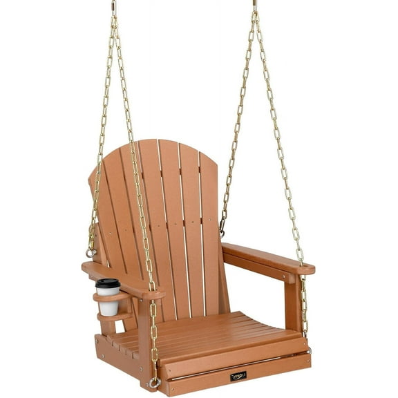 VINGLI Heavy Duty 880 LBS HDPE Porch Swing Outdoor with Rotatable Cup Holder, 1-Person Patio Hanging Swing with Adjustable Chains for Porch, Yard, Tree, Garden (Teak)