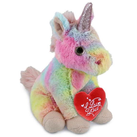 DolliBu I Love You Plush Super Soft Rainbow Unicorn - Cute Stuffed Animal Unicorn with Red Heart Plush for Valentines, Anniversary, Romantic Date, Boyfriend, or Girlfriend Gift - 9 Inches