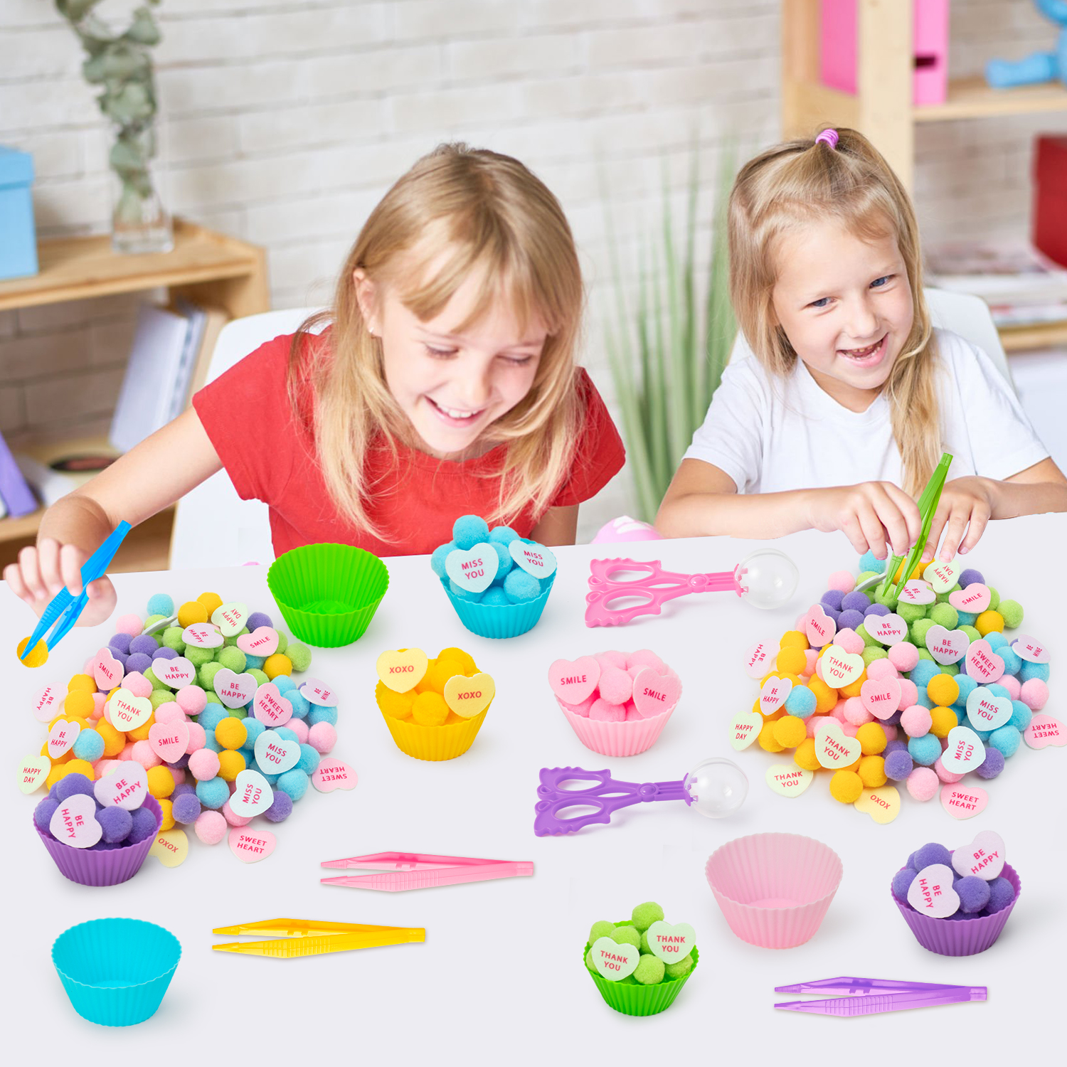 Belanttega Valentine's Day Sensory Sorting & Motor Skills Activity Heart Pompoms, Colorful Components, Family Activity Tools for Focus, Organization & Creative Play
