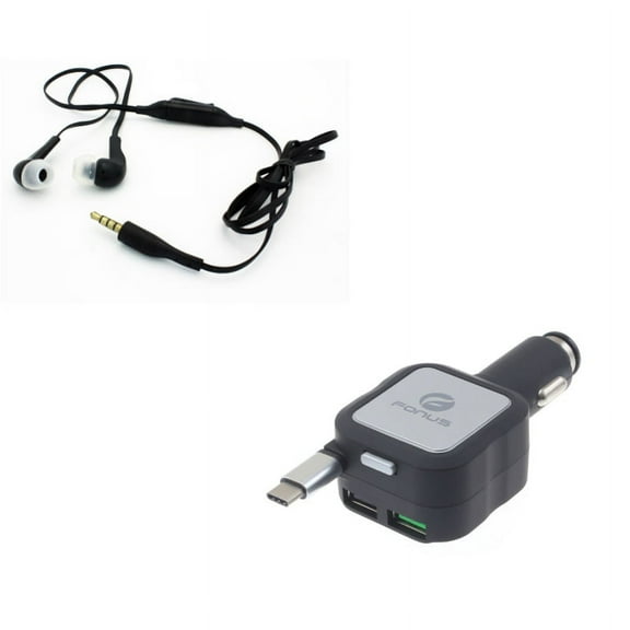 Headphones Wired Earphones w Retractable Car Charger Q2X for Microsoft Surface Go (10"), Lumia 950 - Motorola One, Moto Z4 Z2 Play X4 G7 Power Play G6 - Nokia 7.1, 8, 3.1 Plus - OnePlus 5T, 6