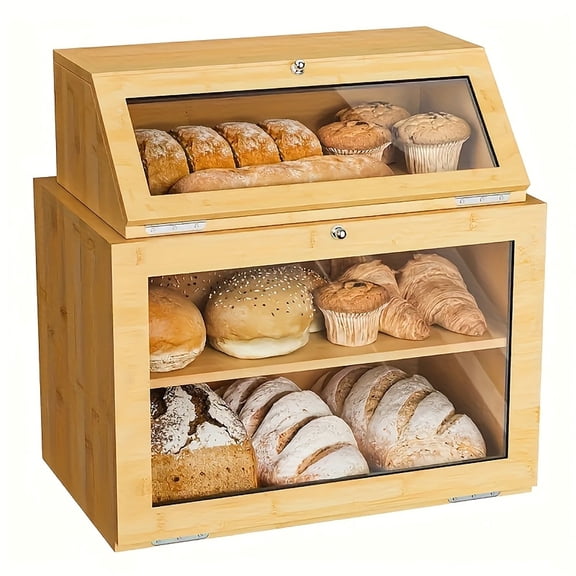 Bamboo Bread Box, Large Capacity Bread Storage Bin with Window Bread Holder, Top Bread Container Detachable  (Natural, 3 Tier)