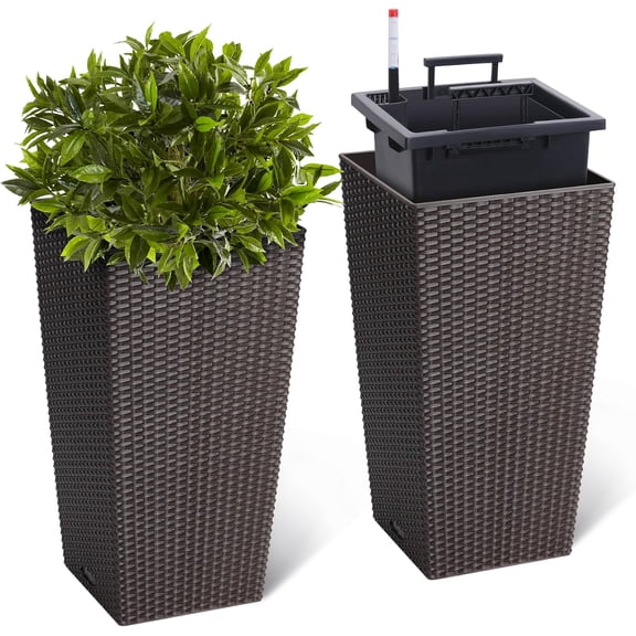 2pcs 23" Tall Planter Pots, High Front Porch Planter Pots with Drainage Holes＆Water Level Monitor＆Inner Bucket, Automatic for Watering Planter,Brown