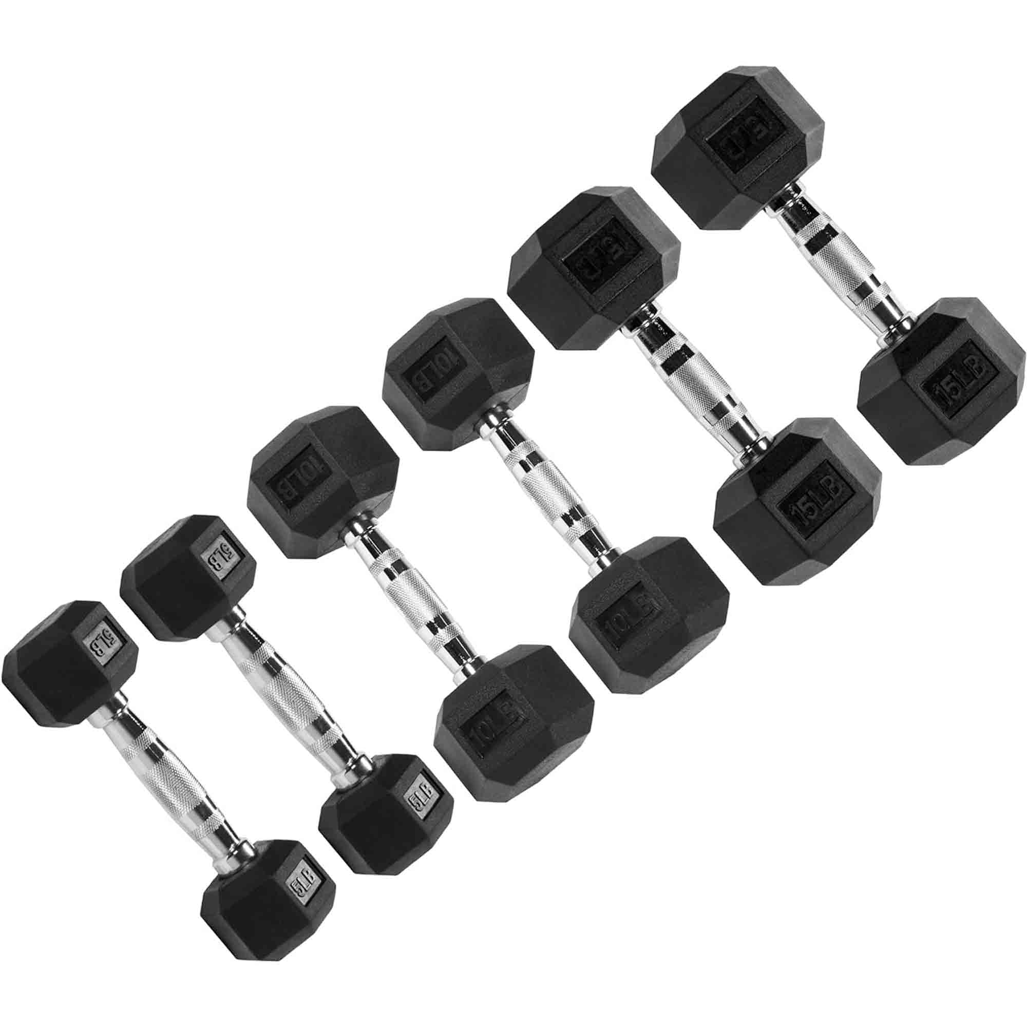 Signature Fitness Hex Dumbbells Workout Equipment Set of 5, 10, and 15 lbs