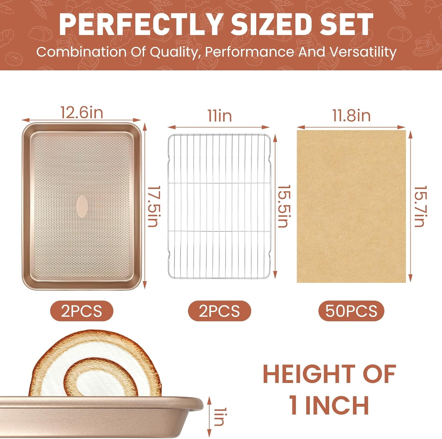 Baking Sheet with Wire Rack Set, 2 Pans(17.5'' X 11.8'') Cooling Racks, Includes 50 Sheets of Parchment Paper, Thickened Nonstick Cookie for Baking, Carbon Steel Pan
