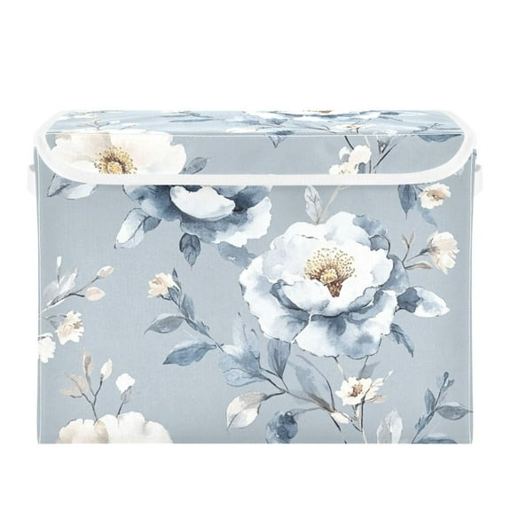 Beautiful Blue Rose Large Storage Bins with Linen Collapsible Lid Storage Box 16.7 x 12.6 x 11.8in