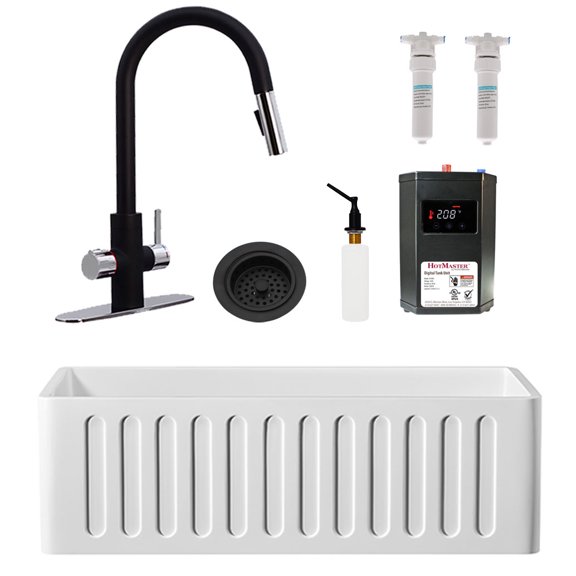 Westbrass BK13041-6226 30" Single Bowl Reversible Apron Front Solid Surface Kitchen Sink with 4 in 1 Faucet, Dual Water Filters, Soap Dispenser and Drain Trim, Matte Black/Polished Chrome