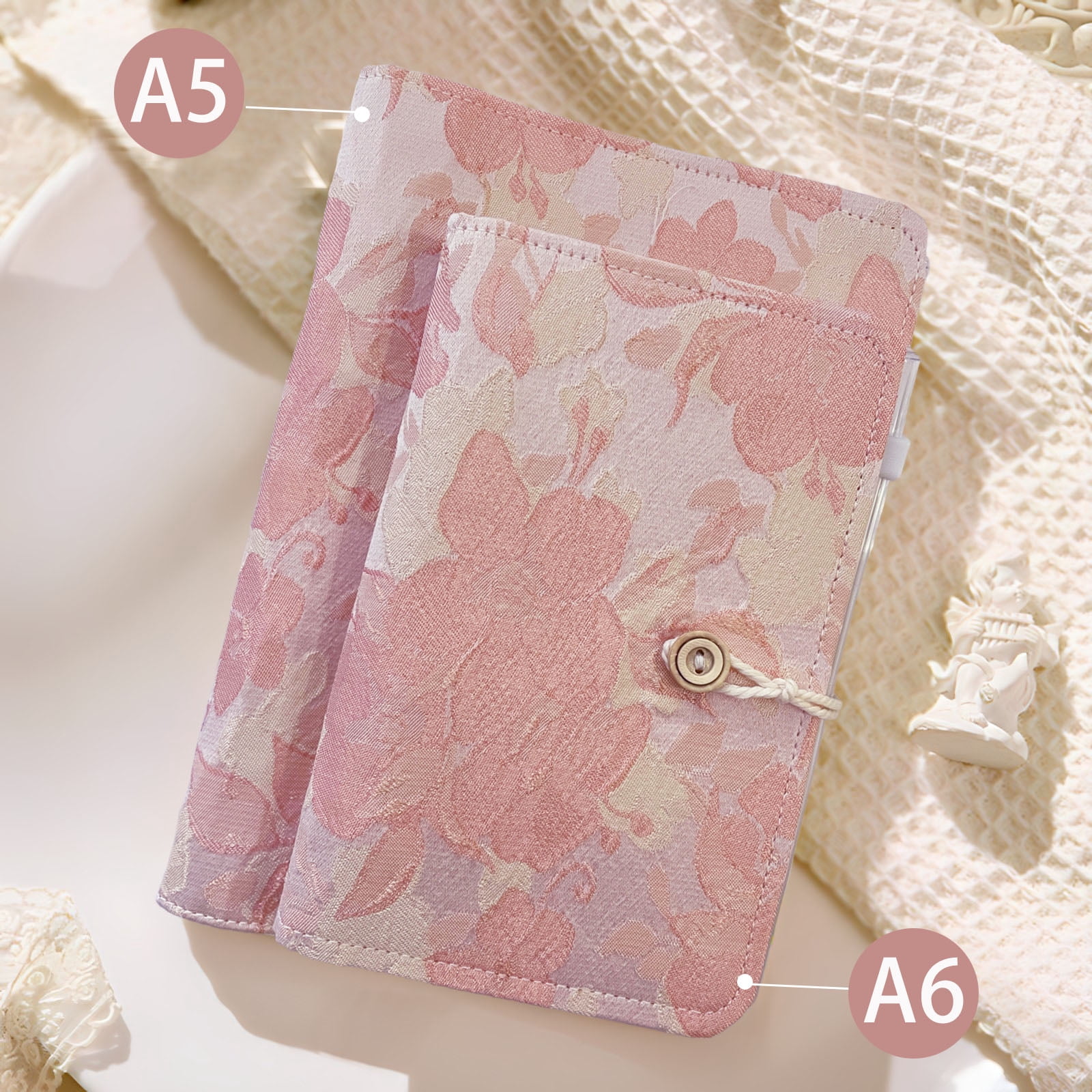 ipoul A5 Binder, 6 Ring Binder, Refillable Notebook, Embroidery Journal, Pink, Flower