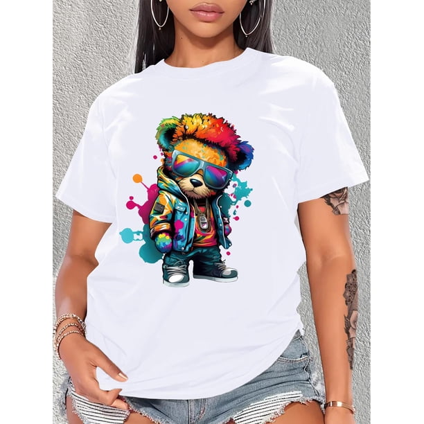 Women's Fashion Splash Paint Cartoon Bear Print Tee, Casual Crew Neck Short Sleeve T-Shirt, Hip-Hop Streetwear Top