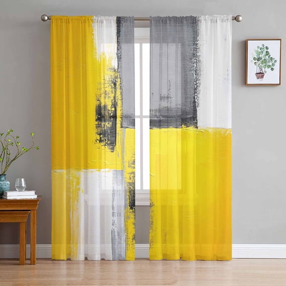 Oil Painting Yellow Grey Sheer Curtains 63 Inch Length 2 Panels Set for Living Room/Bedroom, Abstract Modern Street Grunge Art Curtain Sheers Drapes Rod Pocket Curtains Window Treatment 52''x63''x2