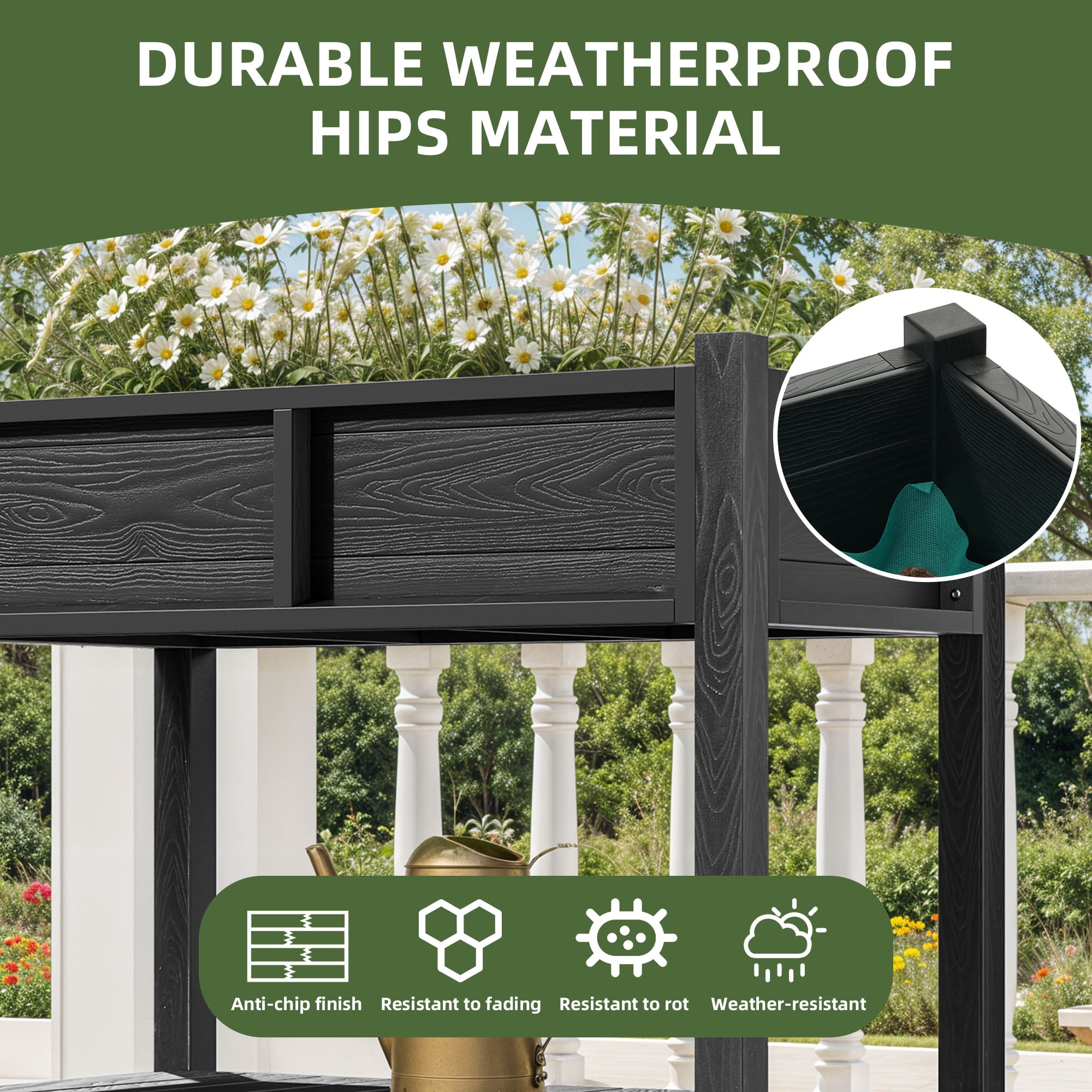 Uforic Elevated Planter Box with Wheels, Weatherproof HIPS Raised Garden Bed with Drainage, Black