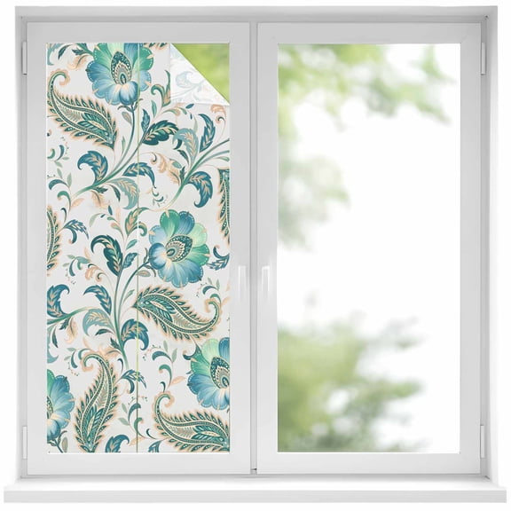 Teal Paisley Floral Window Privacy Film, Boho Ethnic Tribe Traditional Static Cling UV Sun Blocking Heat Control Window Tint Day and Night, Non-Adhesive One Way Windows Privacy Cover 17.7''x39.3''