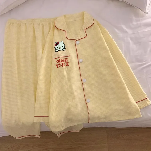 Sanrio Hello Kitty Silk Pajamas Women's Autumn Cotton Long Sleeve Pants Loose Casual Loungewear Women's Pajamas Pants Set