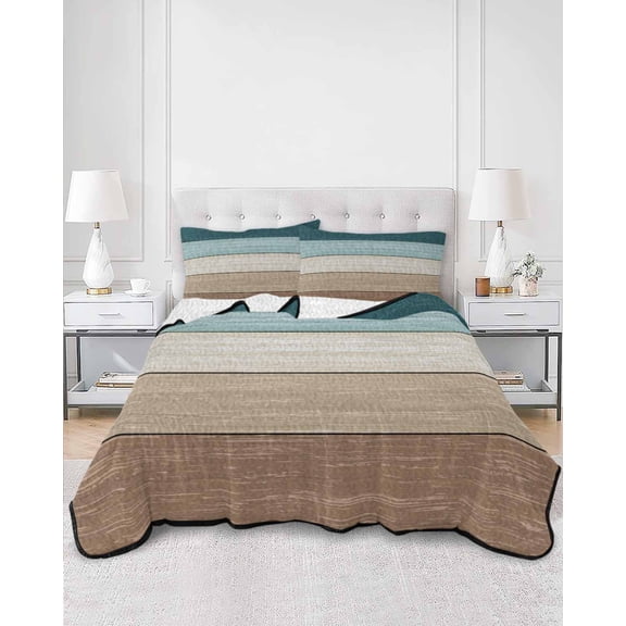 Quilts King Size, Teal Brown Soft Comforter Bedding Set for Bed, Farmhouse Vintage Abstract Wooden Grain Lightweight Quilted Bedspread with Pillow Cover(2 Pieces) for All Season, 96x106 Inch