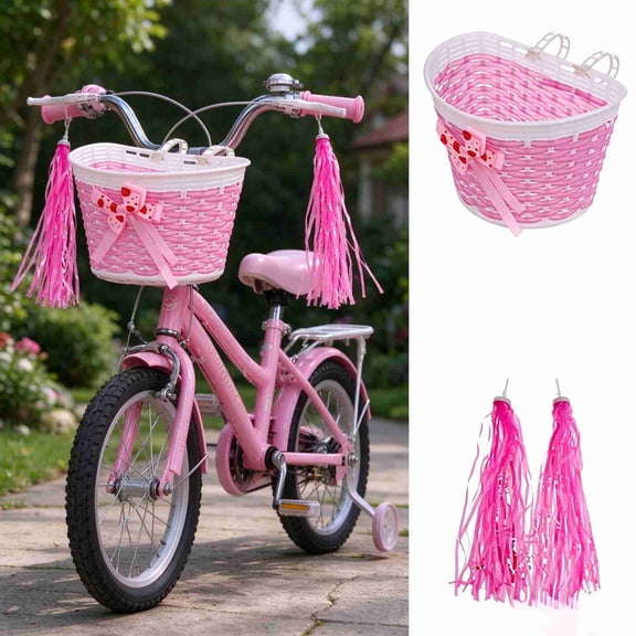 YCCMML Girls Bike Basket Front - Adjustable Straps Woven Wicker Basket with Colorful Ribbons