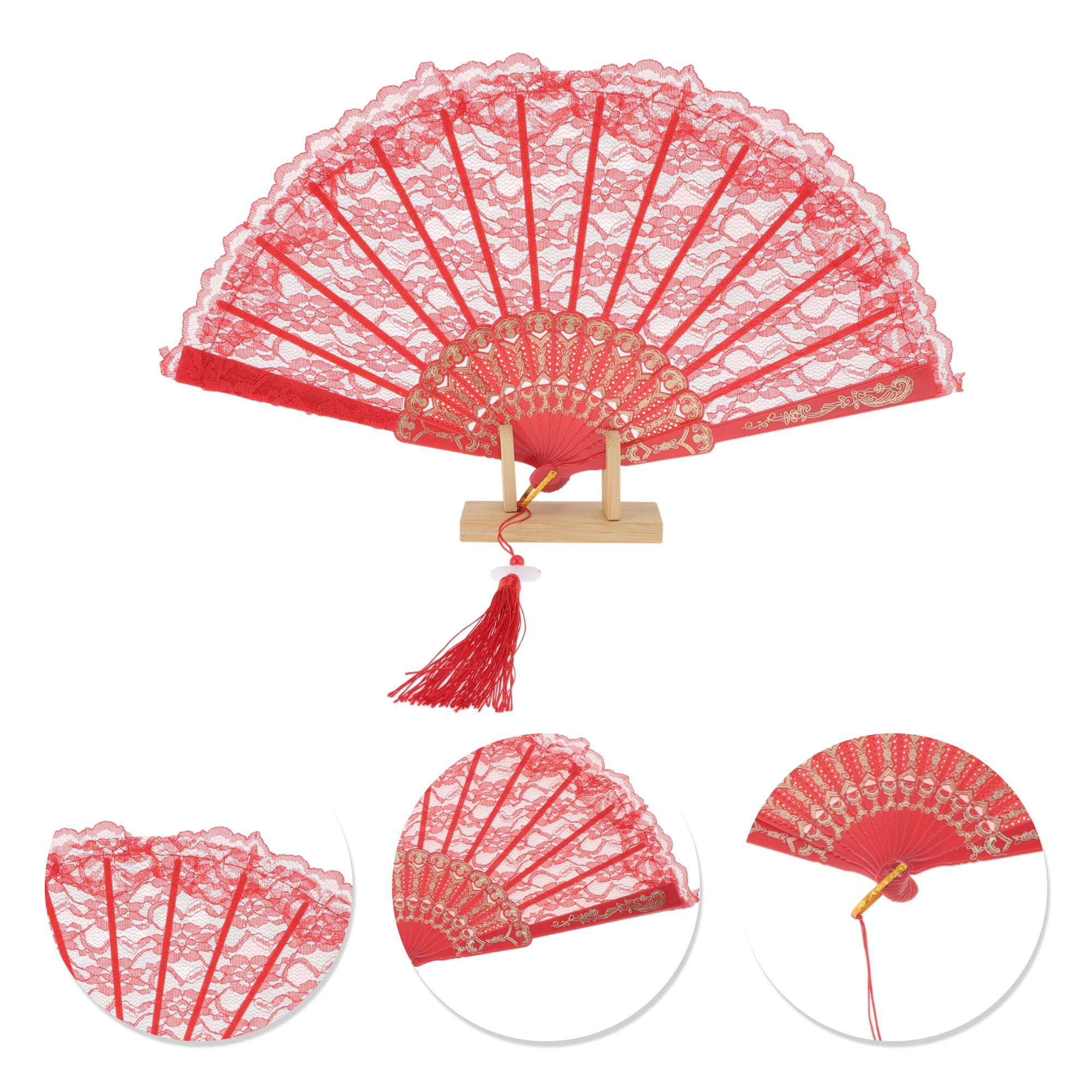 Unique Bargains Lace Trim Orchid with Tassel Folding Fan 1 Pc Red