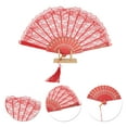 thumbnail image 3 of Unique Bargains 1 Pc Lace Trim Orchid with Tassel Folding Fan for Masquerade Red Silk Fabric, 3 of 5
