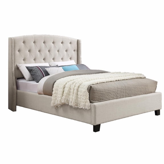 Nantarre Tufted Wingback Upholstered Bed with Nailhead Trim, Gray
