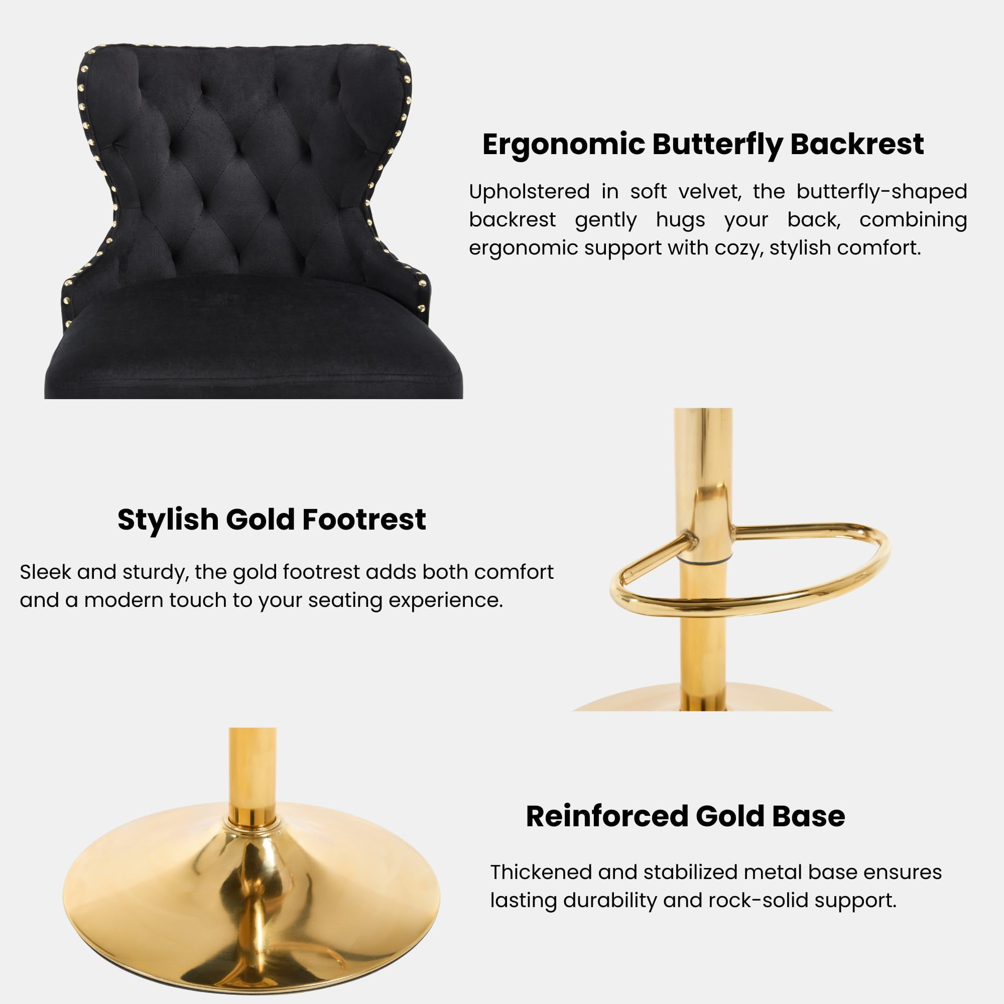 Set of 2 Adjustable Swivel Bar Stools, Velvet Upholstered Counter Height Chairs with Nailhead Trim, Golden Footrest, Golden Legs, and High Back for Kitchen Island, Home Bar, Dining Room, Cafe, Black