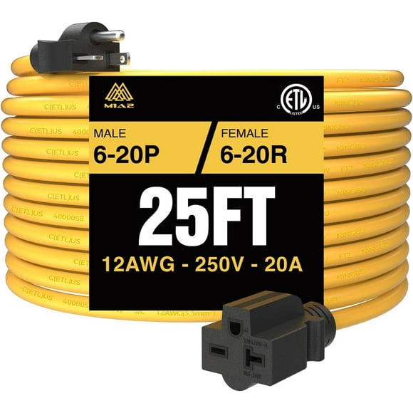 220 Volts 20 Amp 25FT NEMA 6-20 Extension Cord Mobile EV Level 2 Charging ETL Listed Heavy Duty