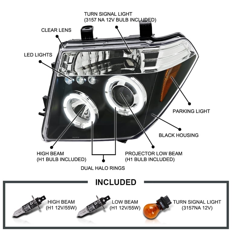 Black Headlight Assembly Pair For 2005-2008 Nissan Frontier & Pathfinder - Halogen, DOT/SAE