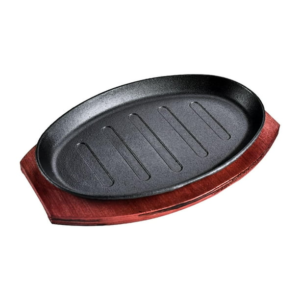 Sartén para carne a la plancha, sartén para parrilla Teppanyaki de hierro fundido con bandeja de bambú para barbacoa 8 pulgadas