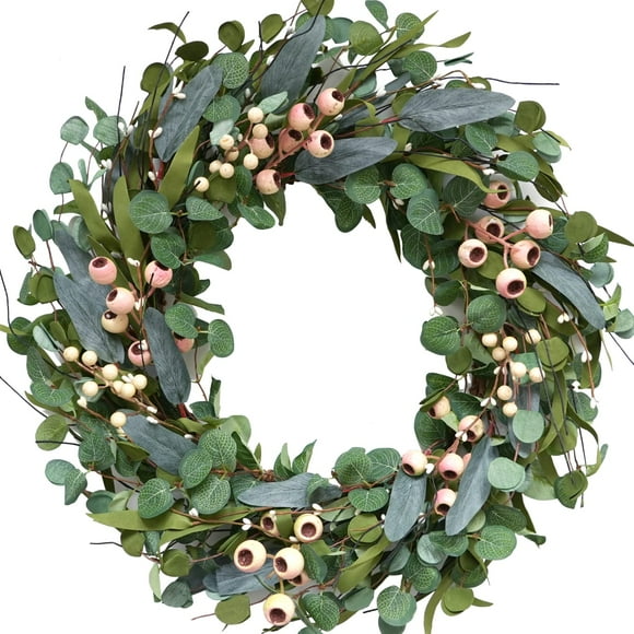 Couronne Artificielle d'Eucalyptus 20 Pouces, Feuilles Vertes, Baies Blanches, Grandes Baies, pour Porte d'Entrée, Toutes Saisons, Décoration d'Année, Décoration Maison