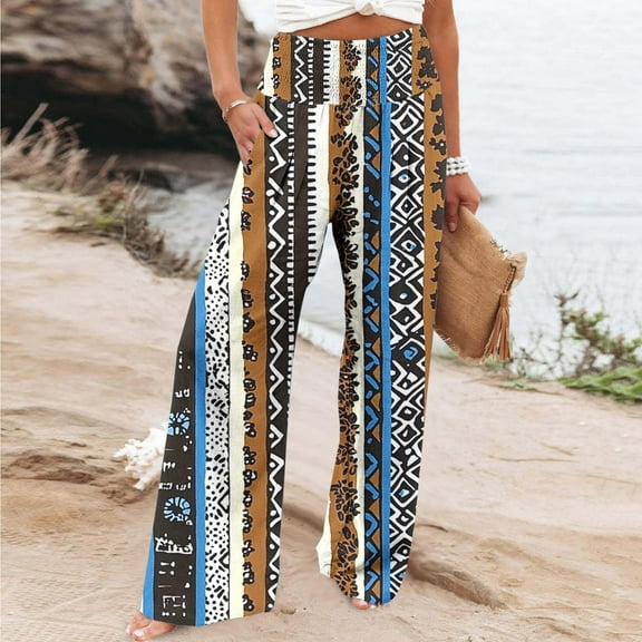 Roncen Women's Printed Straight Leg Pants - Loose Elastic Waist High-Rise Trousers with Casual Comfort, Stretch Fabric & Side Pockets