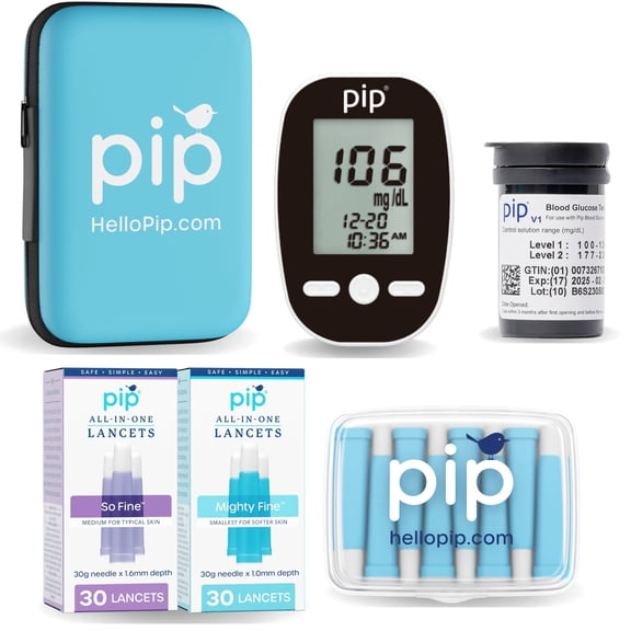 Pip V1 Blood Glucose Monitor Kit with Preloaded Safety Lancets, 50 Test Strips, & Travel Case