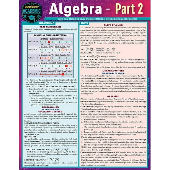 Algebra Part 2: A Quickstudy Laminated Reference Guide, (Paperback)