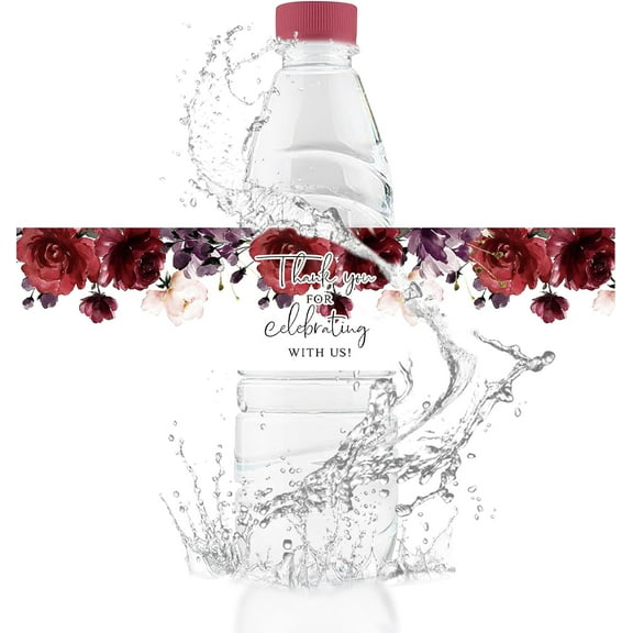 Red Flower Wedding Water Bottle Labels, 50Pcs Glossy Waterproof Wrappers Wraparound Label Thank You Stickers for Bridal Shower Birthday