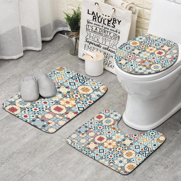 Multicolor Ethnic Geometric Patchwork Pattern Bathroom Rugs Sets 3 Piece,Toilet Cover Set,Absorbent Non Slip Bathroom Mats Sets with U-Shaped Contour Rug Toilet Rug Set