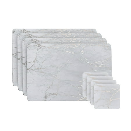 

Dainty Home Marble Cork Table Set With 4 Foil Printed Marble Granite Designed Thick Cork Textured 12 x 18 Rectangular Placemats and 4 Square Coasters 4 x 4 in Silver