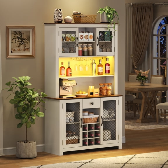YANSUN 70.9" Rustic Farmhouse Kitchen Pantry Cabinet with 16-Color RGB LED Lights, Built-in Charging Station, Wine Rack & Glass Holders, White Buffet Storage Hutch for Dining Room