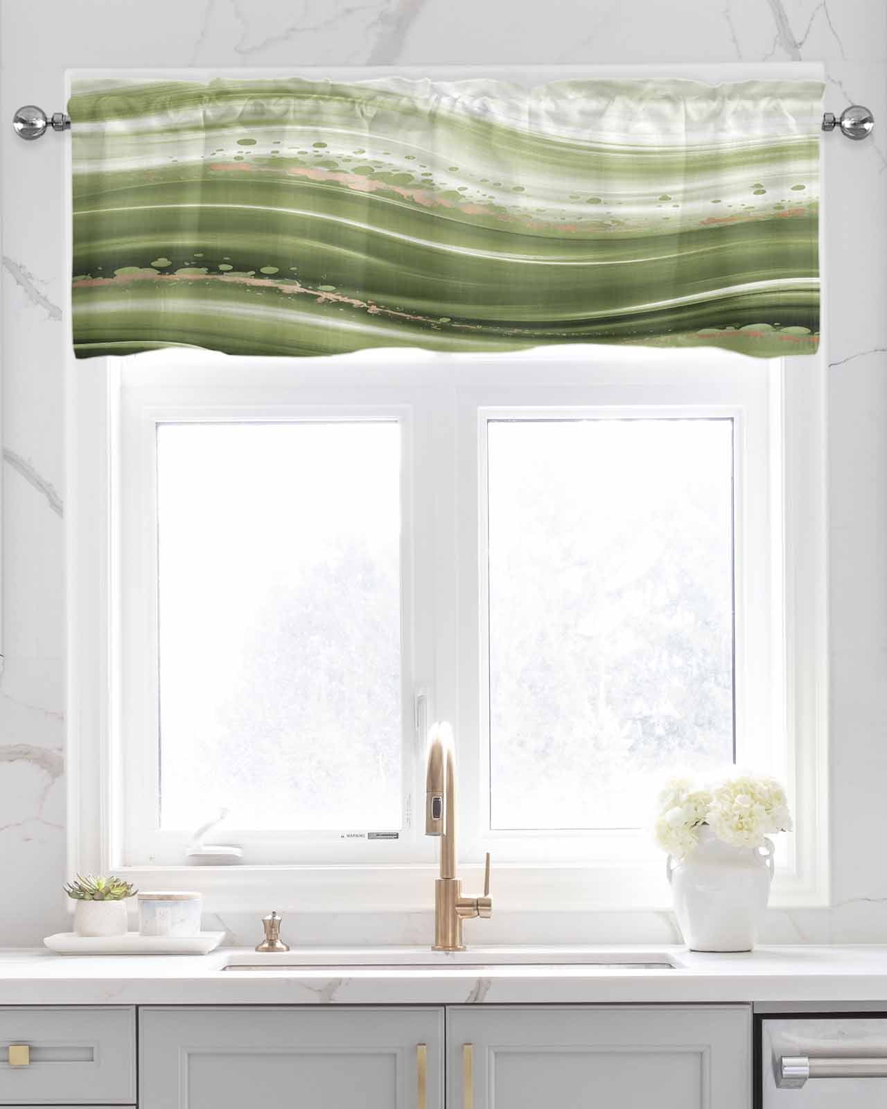 Green Abstract Waves Kitchen Valances for Windows Farmhouse Linen Window Valance Curtain for Living Room Window Treatment Gradient Fluid Luxury Oil Painting Valance Rod Pocket Topper, 60 x 18 Inch