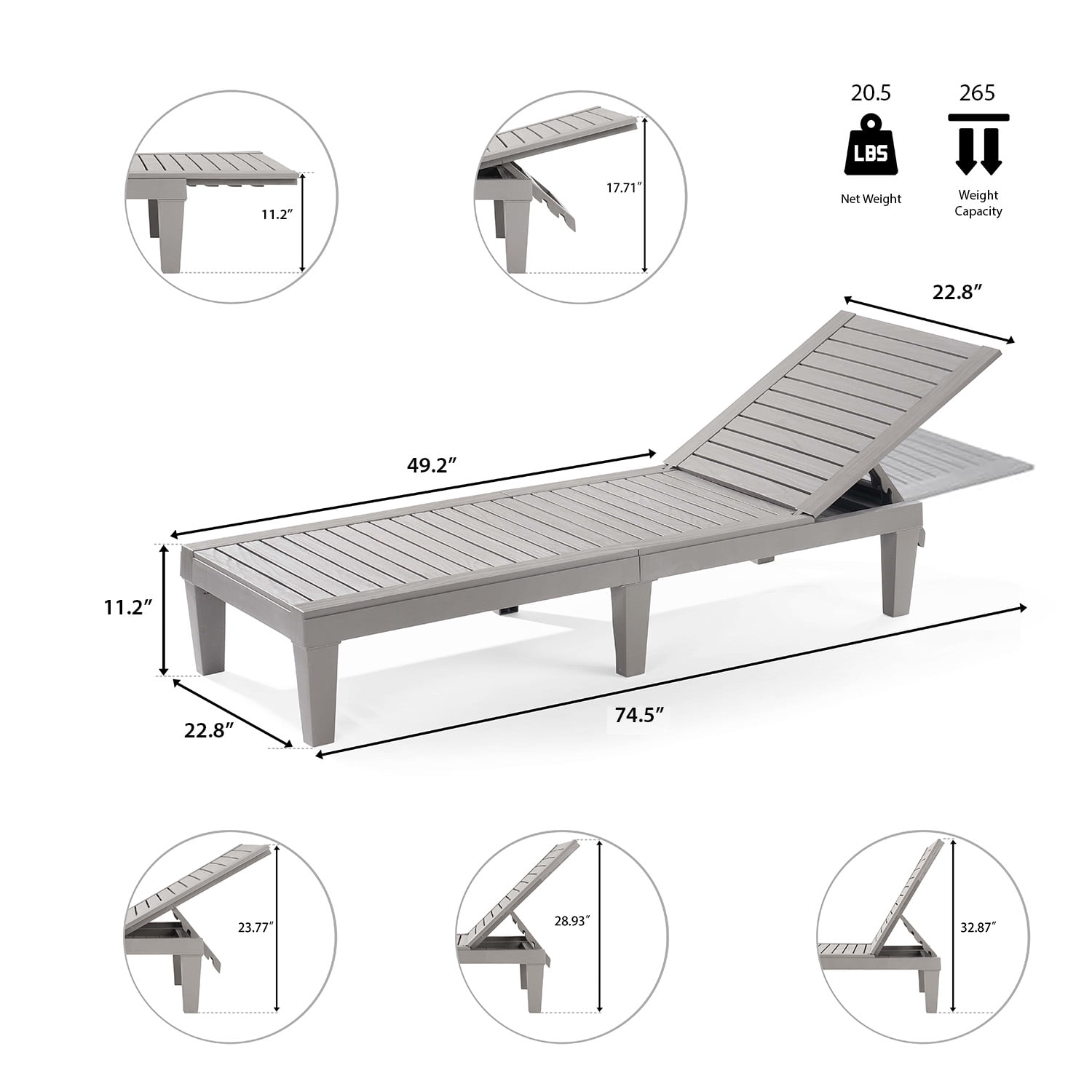 LammaLoe Set of 6 Chaise Outdoor Lounge Chairs for Pool Chairs or Patio Furniture, Gray