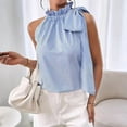 thumbnail image 4 of Women'S Sleeveless Stripe Stand Collar Tie Front Ruffle Detail Ribbon Strap Tank Top M, 4 of 9