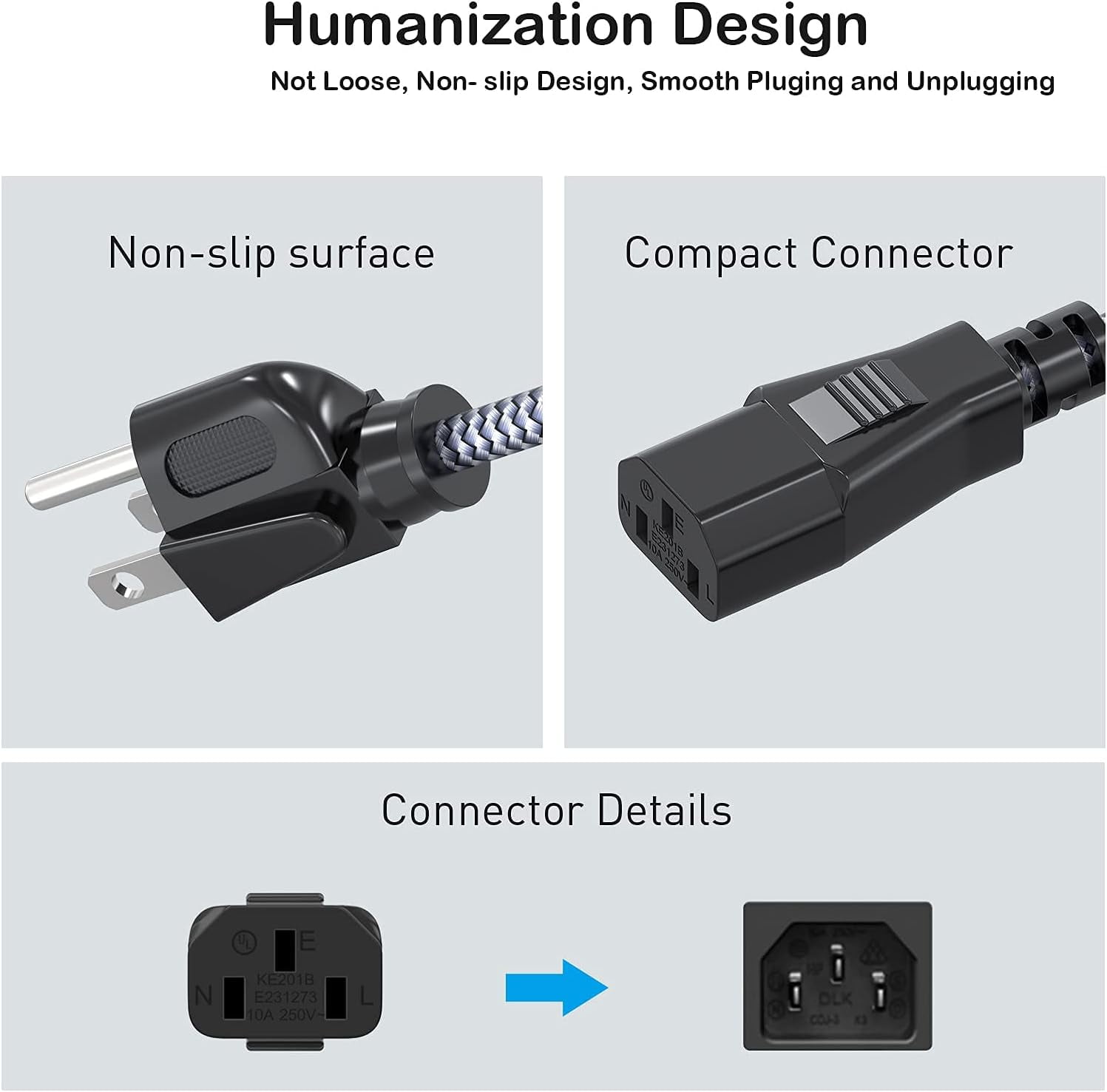 JJEAN-Power Cord, 3.3FT/1m 3 Prong AC Power Cable Nylon Braided Replacement 3 Pin Power Cord UL Certified for Computer, TV, Monitor, Printer, PC, Projector, Laptop and More, Grey