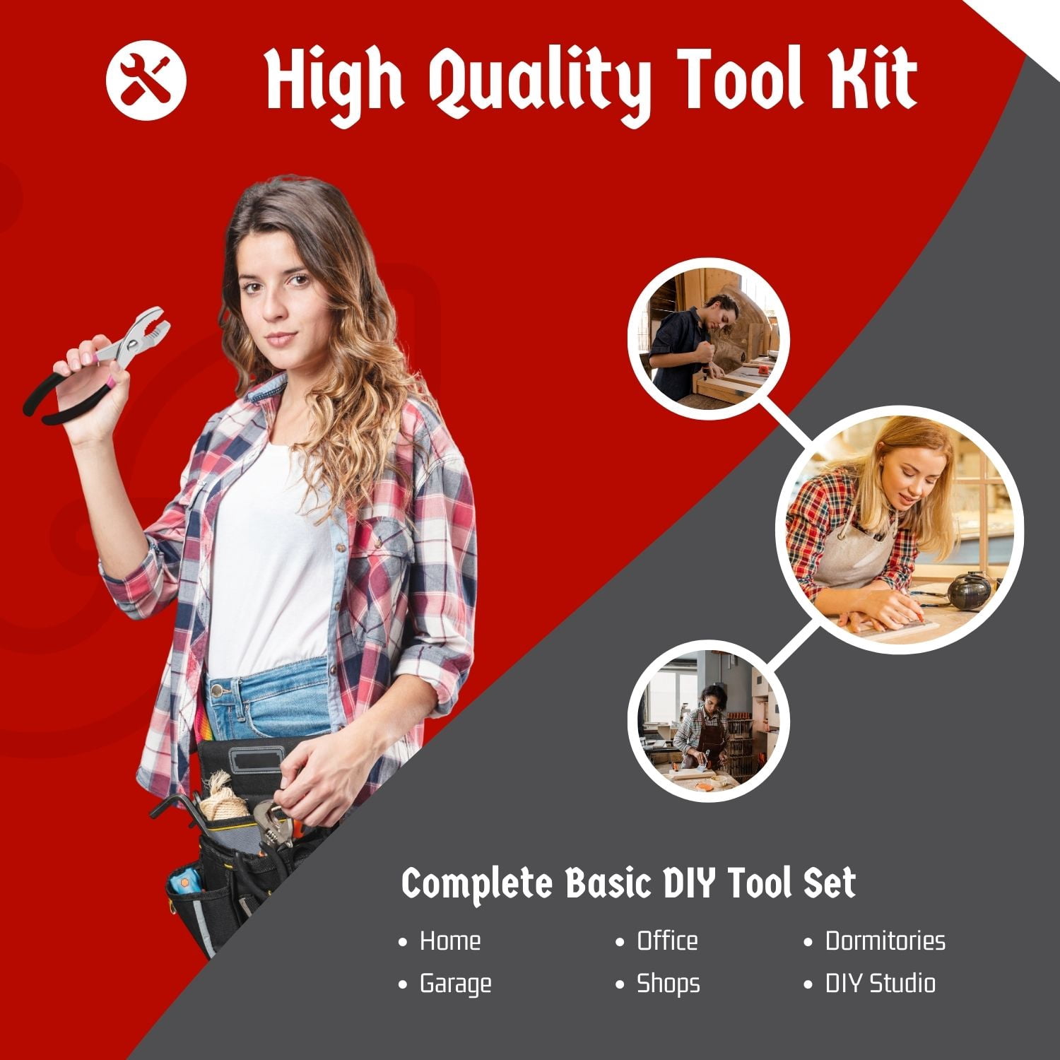 Tool Set Box - Hand Tool Kit & Accessories For General Household DIY Home Repair with Plastic Toolbox Storage Organizer Case - Homeowner's Tool Kit (Red & Black)