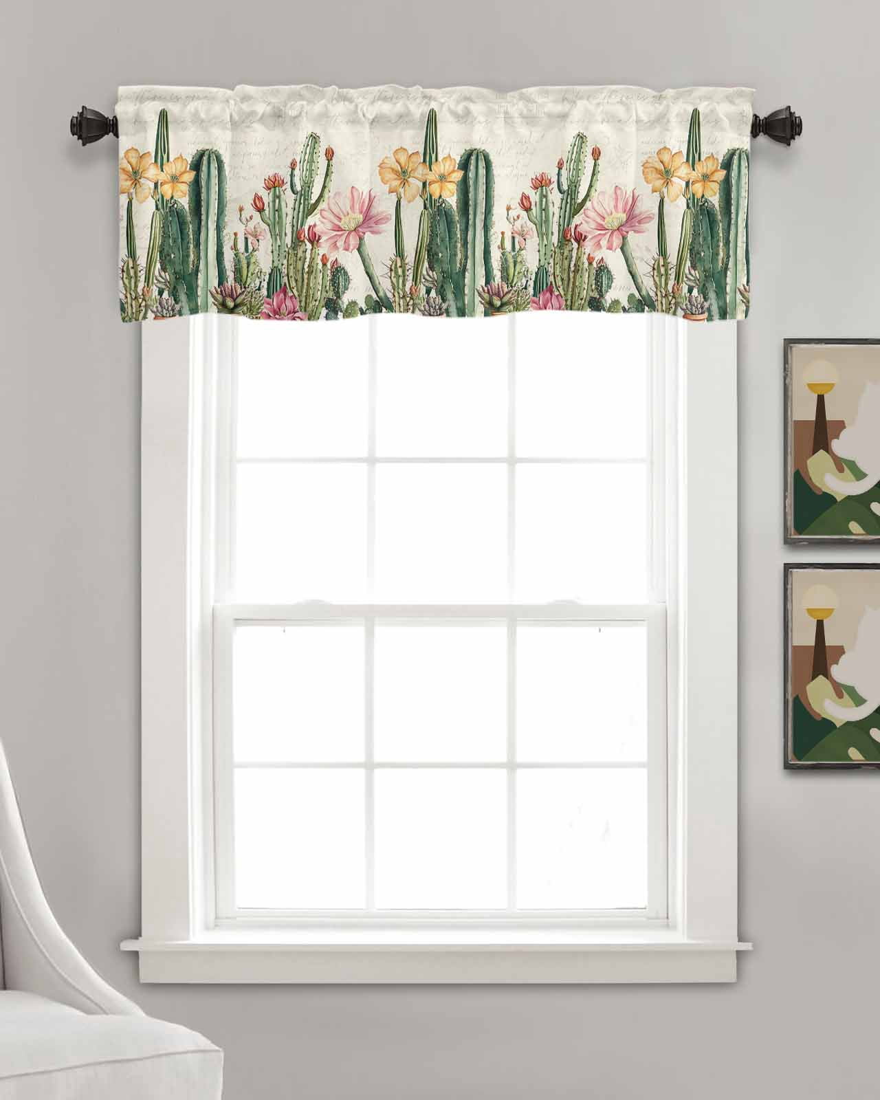 Vintage Green Cactus Kitchen Valances for Windows Farmhouse Linen Window Valance Curtain for Living Room Window Treatment Spring Floral Watercolor Botanical Valance Rod Pocket Topper, 54 x 18 Inch