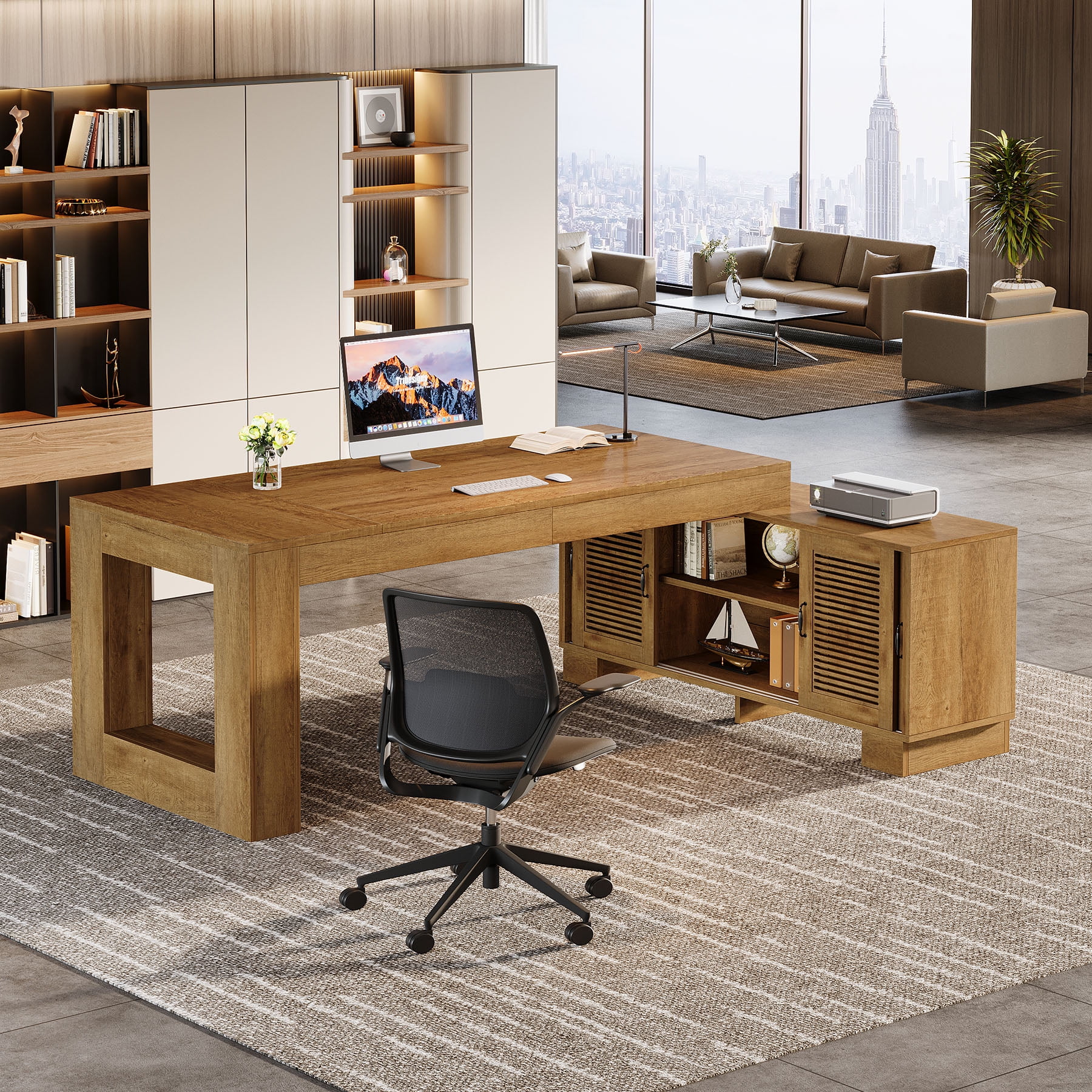 Tribesigns 63" L-Shaped Computer Desk with Storage Cabinets and 2-Tier Shelf, Mid-Century Modern Large Executive Table Workstation for Home Office, Brown