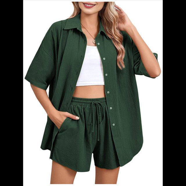 Conjunto de Chándal de 2 Piezas para Mujer, de Verano, con Top de Corta y Pantalones Cortos. Verde Oscuro M